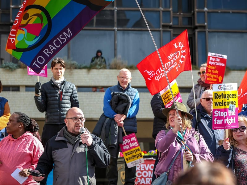 Leader of Portsmouth City Council, Cllr Steve Pitt addresses the Unity Rally. Picture: Chris Moorhouse (150325-064)