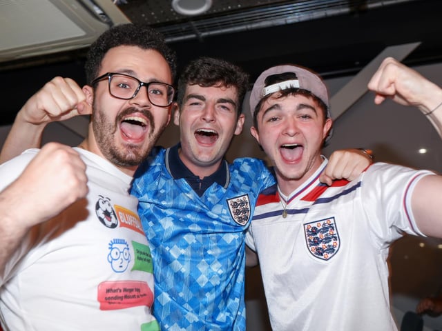 Celebrations at full-time. Fans watch Netherlands v England, UEFA Euros 2024 semi-final played in Dortmund, at Village Hotel, Lakeshore Drive, Cosham
Picture: Chris Moorhouse (100724-106)