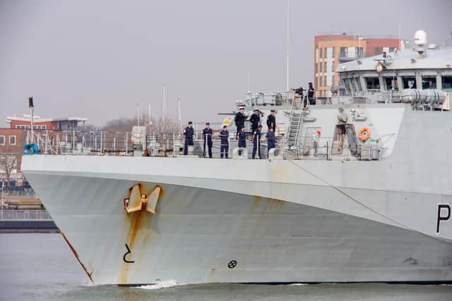 Crew on HMS Trent as it leaves Portsmouth on 31 March 2021. Picture: Habibur Rahman
