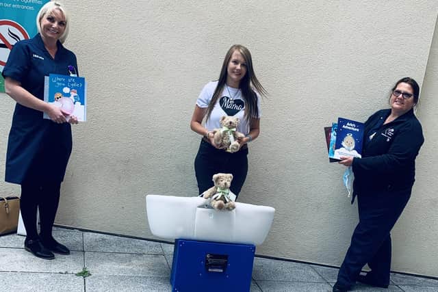 Ashleigh Beeney, 28 from Gosport, has raised funds for a cold cot for Queen Alexandra Hospital in memory of her stillborn son Arlo-Blue. From left, operational midwifery matron Alison Scannell, Ashleigh Beeney, and midwifery bereavement clinical lead Stephanie Fretter
