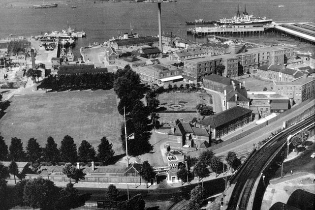 Before Gunwharf Quays. An aerial view of HMS Vernon in 1955 when the torpedo and mine warfare establishment.
