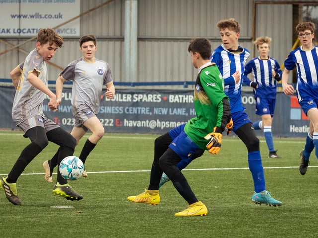 Action from the U15 Campbell McFaull Invitation Cup final between Hayling St Andrews Blue and Hayling St Andrew White. Picture: Keith Woodland (260221-278)