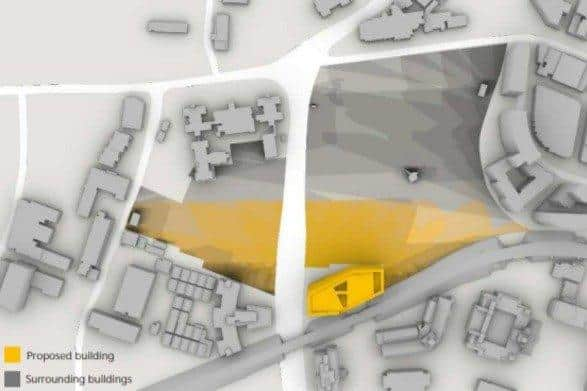 A diagram of the shadow that would be cast over Victoria Park by the new university building proposed for the site of the old swimming baths in Anglesea Road, Portsmouth