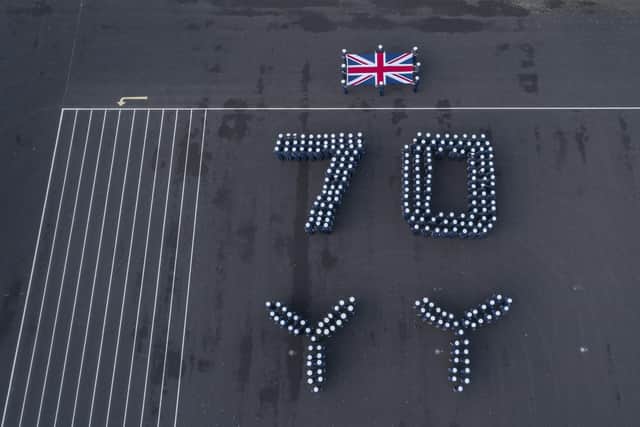 HMS Sultan form a 70 celebrating HM the Queen Platinum Jubilee

Personnel from HMS Sultan were formed up into a 70 on the parade ground as part of celebrations for Queen Elizabeth the Second's Platinum Jubilee.