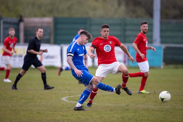 Action from Gosport Town's 4-0 victory over Lee Rangers (blue kit) in the Portsmouth & District FA Trophy final at Cams Alders. Picture: Alex Shute