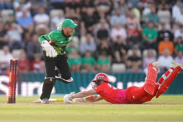 Southern Brave's Alex Davies runs out Welsh Fire's Josh Cob. Picture: Adam Davy/PA Wire.