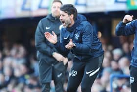 Pompey boss Danny Cowley urging his team, who are one of Europe's hardest-pressing teams, on.
