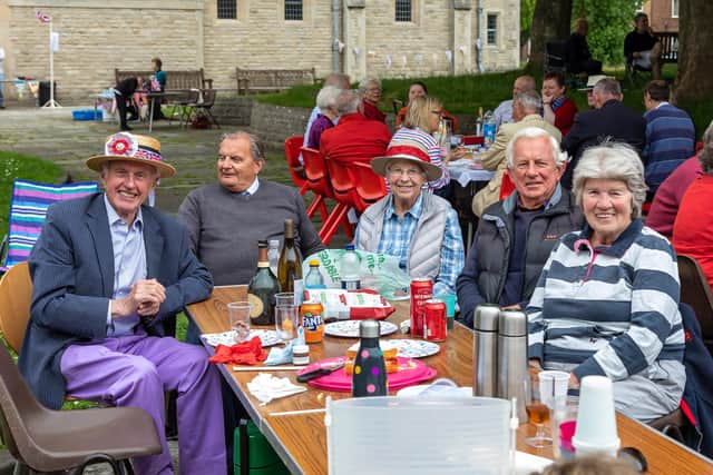 The jubilee street party at Portsmouth Cathedral. Pictured: Philip Hill (82), John Vincent (76), Wendy Hill, Nigel Gauntlett (81) and Jackie Gauntlett. Picture: Mike Cooter (050622)