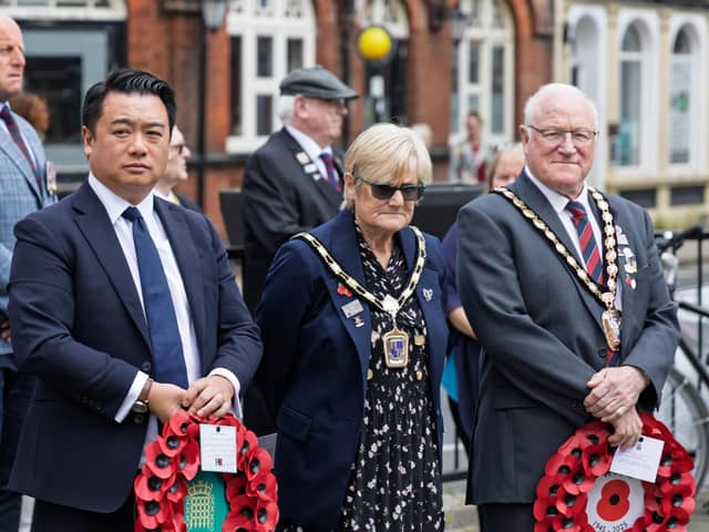 Alan Mak MP with Mayor of Havant Peter Wade and Mayoress Janet Wade at Havant War Memorial