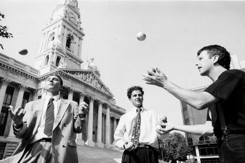 Teenagers learning to juggle outside the Portsmouth Guild Hall on August 28 1990. The News PP3662