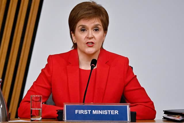 First Minister Nicola Sturgeon gives evidence to a Scottish Parliament committee examining the handling of harassment allegations against former first minister Alex Salmond on March 3, 2021 in Edinburgh, Scotland.