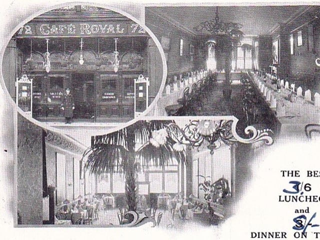 Inside the luxurious Cafe' Royal restaurant. An advert from early last century showing hotels in Southsea and the Cafe’ Royal in Palmerston Road. As can be seen, a luncheon went up from 1/6 to 3/6 ( 8p to 18p) and dinner from 3/6 to 5/- (18p to 25p)