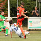 Brett Pitman scores his eighth pre-season friendly goal for AFC Portchester against Havant & Waterlooville. Picture by Dave Haines