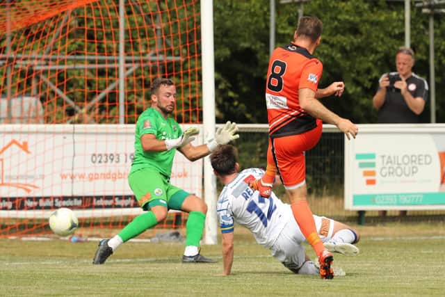 Brett Pitman scores his eighth pre-season friendly goal for AFC Portchester against Havant & Waterlooville. Picture by Dave Haines