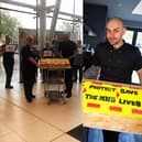 Chef, Jordan Thompson, with his cake for the NHS (right). Jordan presents the cake to staff at Queen Alexandra Hospital (left).