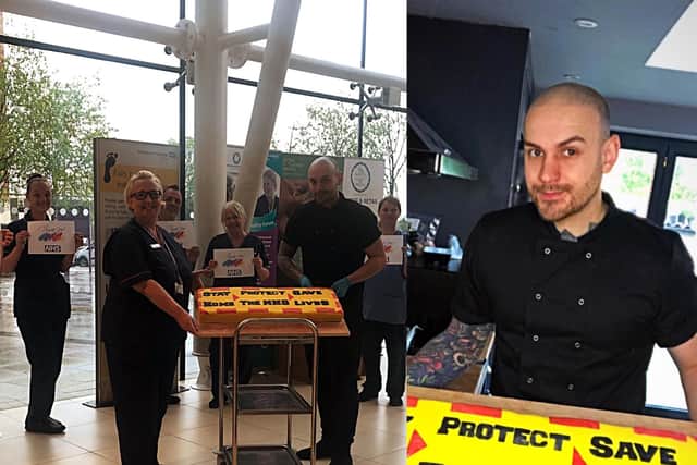 Chef, Jordan Thompson, with his cake for the NHS (right). Jordan presents the cake to staff at Queen Alexandra Hospital (left).