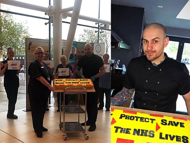 Chef, Jordan Thompson, with his cake for the NHS (right). Jordan presents the cake to staff at Queen Alexandra Hospital (left).