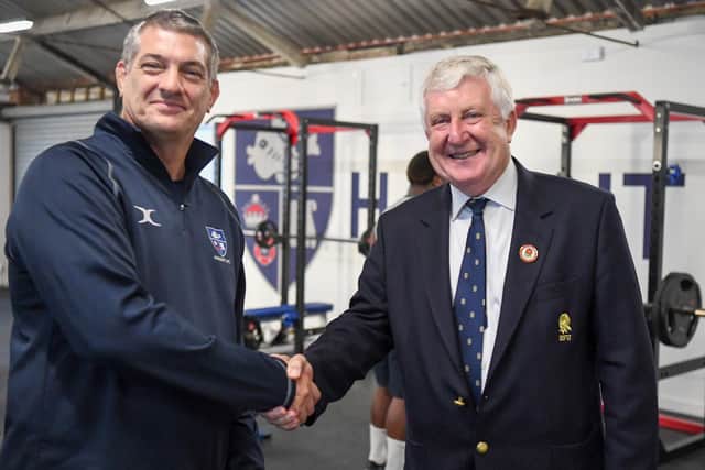 Havant RFC head coach Will Knight, left, with former RFU president Jeff Blackett. Picture: Mark D @windandsurf_images