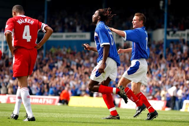 Vincent Pericard celebrates a debut goal for Pompey in a 2-0 victory over Nottingham Forest in August 2002. Picture: Matthew Ashton
