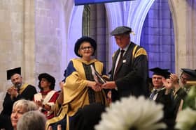 Donna Ockenden accepting her honorary degree from Dr  Tim Fooks at the University of Chichester