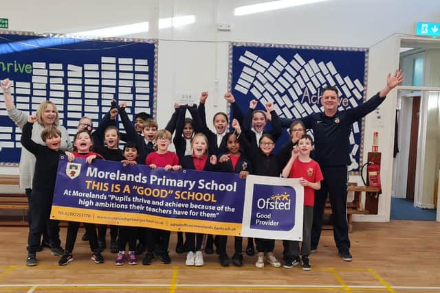 Pupils and teachers at Morelands Primary School in Waterlooville celebrate the outcome of their latest Ofsted inspection.