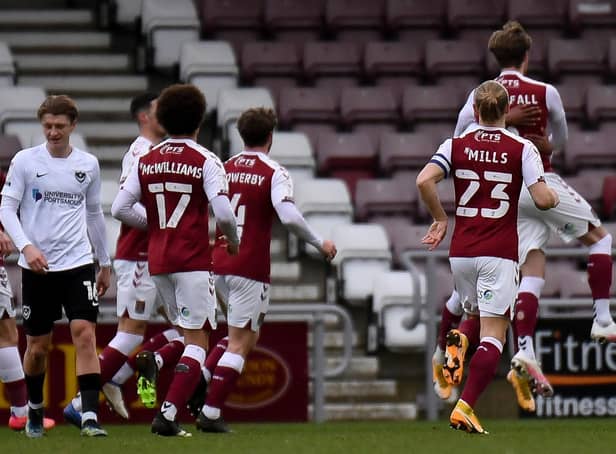 Goal  Northampton Town defender Fraser Horsfall (6) scores a goal and celebrates  3-0 during the EFL Sky Bet League 1 match between Northampton Town and Portsmouth at the PTS Academy Stadium, Northampton, England on 6 March 2021. Picture: Dennis Goodwin
