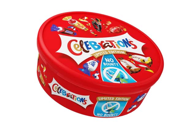 One of the limited-edition Celebrations tubs without Bounty bars Picture: Mars Wrigley/PA Wire