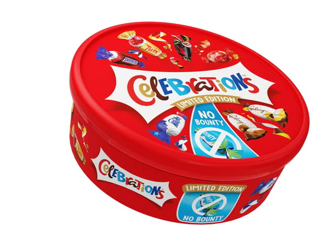 One of the limited-edition Celebrations tubs without Bounty bars Picture: Mars Wrigley/PA Wire