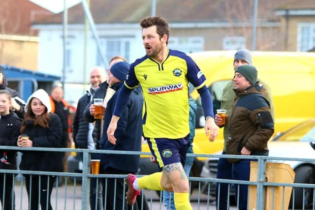Dan Wooden has just netted the decisive goal against Farnborough Picture: Tom Phillips