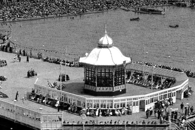 South Parade Pier with packed beaches in the background in the 1930s.