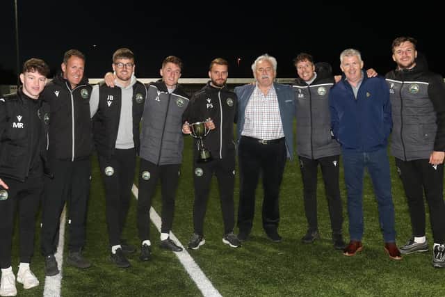 Gosport  Borough Under-18 management with club chairman Iain McInnes and first team boss Shaun Gale last night.
 Picture by Dave Haine