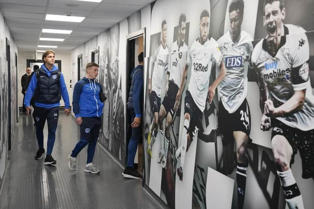 Pompey midfielder Tom Lowery travelled to Pride Park for the game against Derby but didn't play.