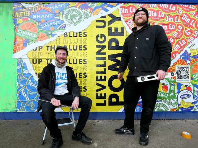 Ashley John, left, and George Bodkin with their Pompey themed fruit stickers. Picture: Chris Moorhouse (jpns 250223-24)