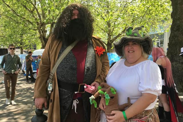 Comic Con 2023 - Pictured: Ian Flowers (left0 as Hagrid from Harry Potter and Claire Finnimore dressed as Professor Sprout.