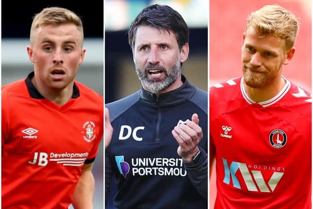 Danny Cowley, centre, is interested in bringing Joe Morrell, left, and Jayden Stockley to Pompey.
