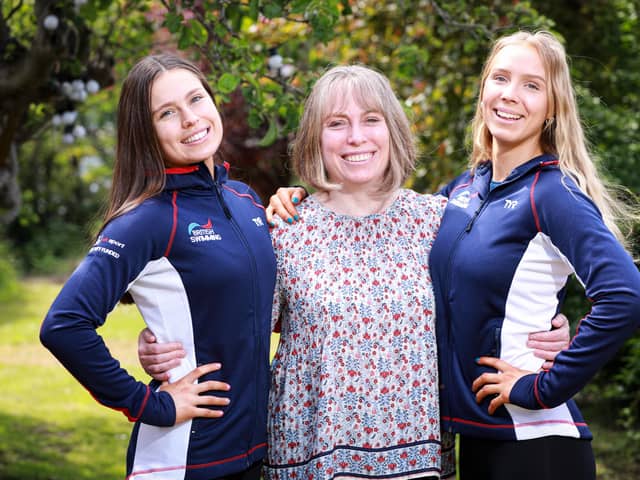 From left - Daisy Gunn, 18, her mother Alison Gunn, and Laura Turberville, 18. Daisy and Laura have just competed in  the Senior European Championships for artistic swimming, in Budapest. 
Picture: Chris Moorhouse