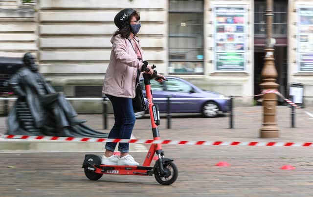 Voi e-scooters safety training day in Guildhall Square. Tracey Daviel during the training session. Picture: Stuart Martin (220421-7042)