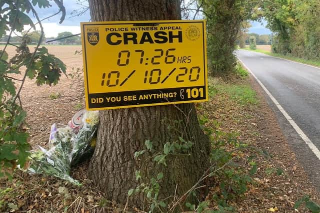 Tributes have been left for a 20-year-old man who died in West Lane, Hayling Island, just before 7.30am on Saturday, October 10 when the black Mazda 2 he was driving left the road and hit a tree just south of Daw Lane. Picture: Sarah Standing