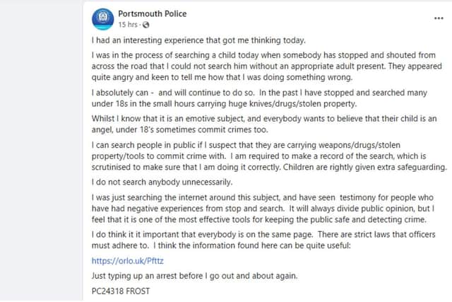 The post on Facebook made by PC Frost about his recent stop and search of a child.
