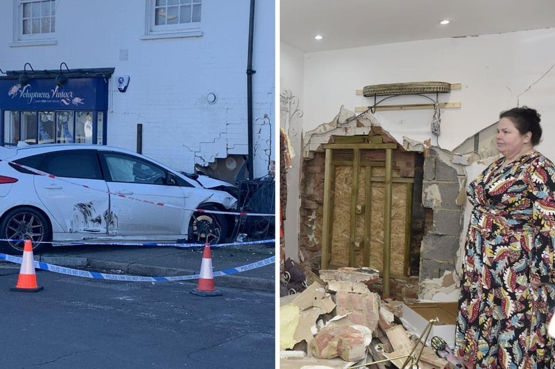 A car smashed into the side of the shop and severely damaged the building.