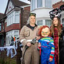 Dave and Louise Whitfield, along with a team of helpers have created a terrifying live action halloween maze in their own back garden.  Pictured - Mr & Mrs Whitfield, with their son Harrison, 12  Photos by Alex Shute