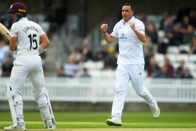 Kyle Abbott celebrates the wicket of Tom Lammonby during the first day of the LV= Insurance County Championship match between Somerset and Hampshire at The Cooper Associates County Ground in Taunton. Photo by Harry Trump/Getty Images.