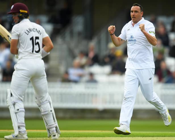 Kyle Abbott  celebrates the wicket of Tom Lammonby during the first day of the LV= Insurance County Championship match between Somerset and Hampshire at The Cooper Associates County Ground in Taunton. Photo by Harry Trump/Getty Images.