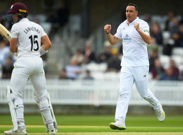 Kyle Abbott  celebrates the wicket of Tom Lammonby during the first day of the LV= Insurance County Championship match between Somerset and Hampshire at The Cooper Associates County Ground in Taunton. Photo by Harry Trump/Getty Images.