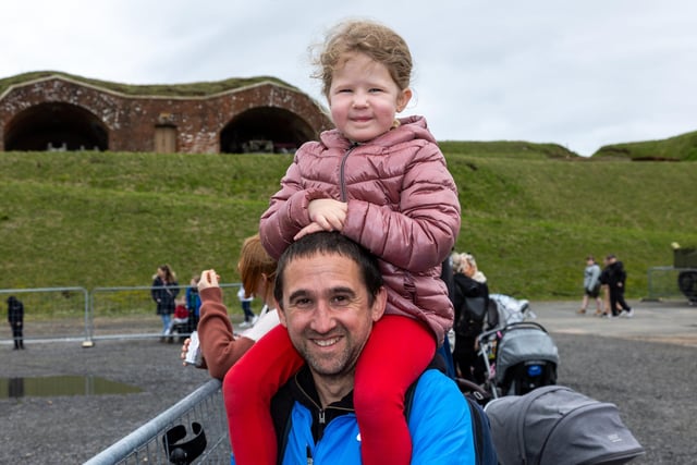 Families braved the cold on Tuesday (April 2) to take advantage of amazing free entertainment at Fort Nelson, with Easter egg hunts and falconry displays. Pictured - Carl Hughes with Daughter Esme, 5 from Hillhead.