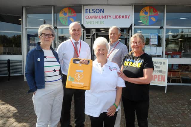 Pictured is: (middle) Elizabeth Humphries, The Big Match Gosport representative and head of fundraising with (l-r) Jan Almond, chair of trustees, Richard Phil Earle, one of the trustees, Jamie Hutchison, project manager and treasurer of the Elson Community Library and Hub and Jan Graham, one of the volunteers and runs many projects at the library. Picture: Sarah Standing (190422-1582)