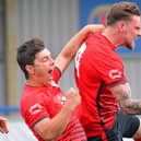 Shane Kent, right, celebrates with Connor Johnson after heading Locks Heath into the lead. Picture: Martyn White.