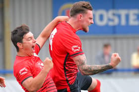 Shane Kent, right, celebrates with Connor Johnson after heading Locks Heath into the lead. Picture: Martyn White.