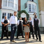 Staff from restaurant and hotel, Becketts, in Bellevue Terrace, Southsea. Pictured is: (back l-r) Jack Sencherey-Evans, head chef, Ben Taylor-Smith, junior sous chef and Charlie Akehurst, chef de partie, with (front l-r) Kealan Blenkinsop, assistant manager, Soraya Parker, owner, and Terence Carvalho, general manager, outside the venue. Picture: Sarah Standing (110820-2573)