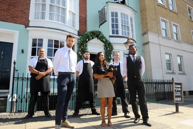 Staff from restaurant and hotel, Becketts, in Bellevue Terrace, Southsea. Pictured is: (back l-r) Jack Sencherey-Evans, head chef, Ben Taylor-Smith, junior sous chef and Charlie Akehurst, chef de partie, with (front l-r) Kealan Blenkinsop, assistant manager, Soraya Parker, owner, and Terence Carvalho, general manager, outside the venue. Picture: Sarah Standing (110820-2573)